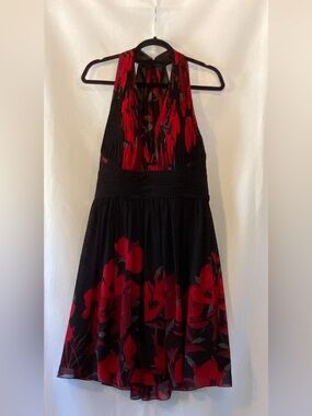 Le Chateau Dark Romantic Red Black Floral Halter Style Mini Cocktail Dress LG